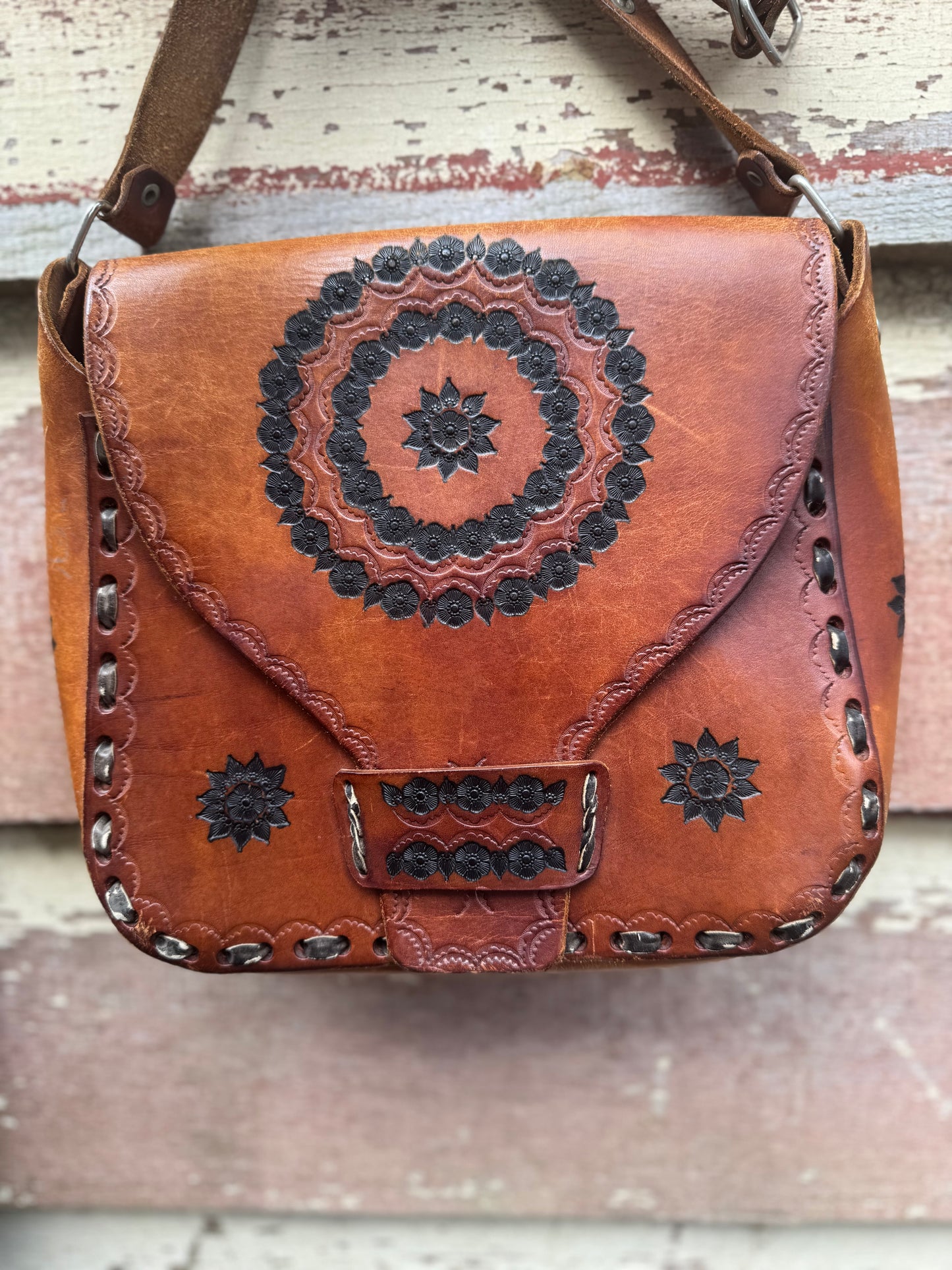 1970s tooled leather handbag