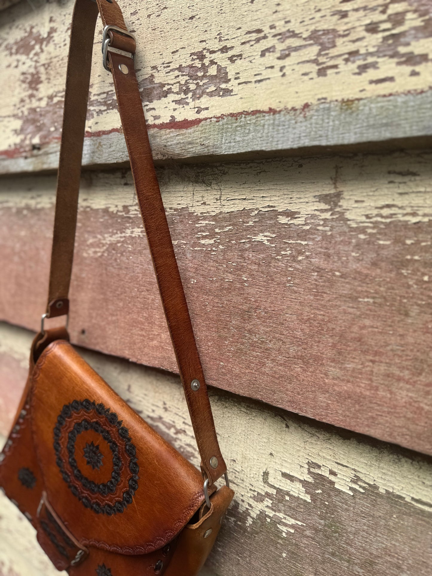 1970s tooled leather handbag