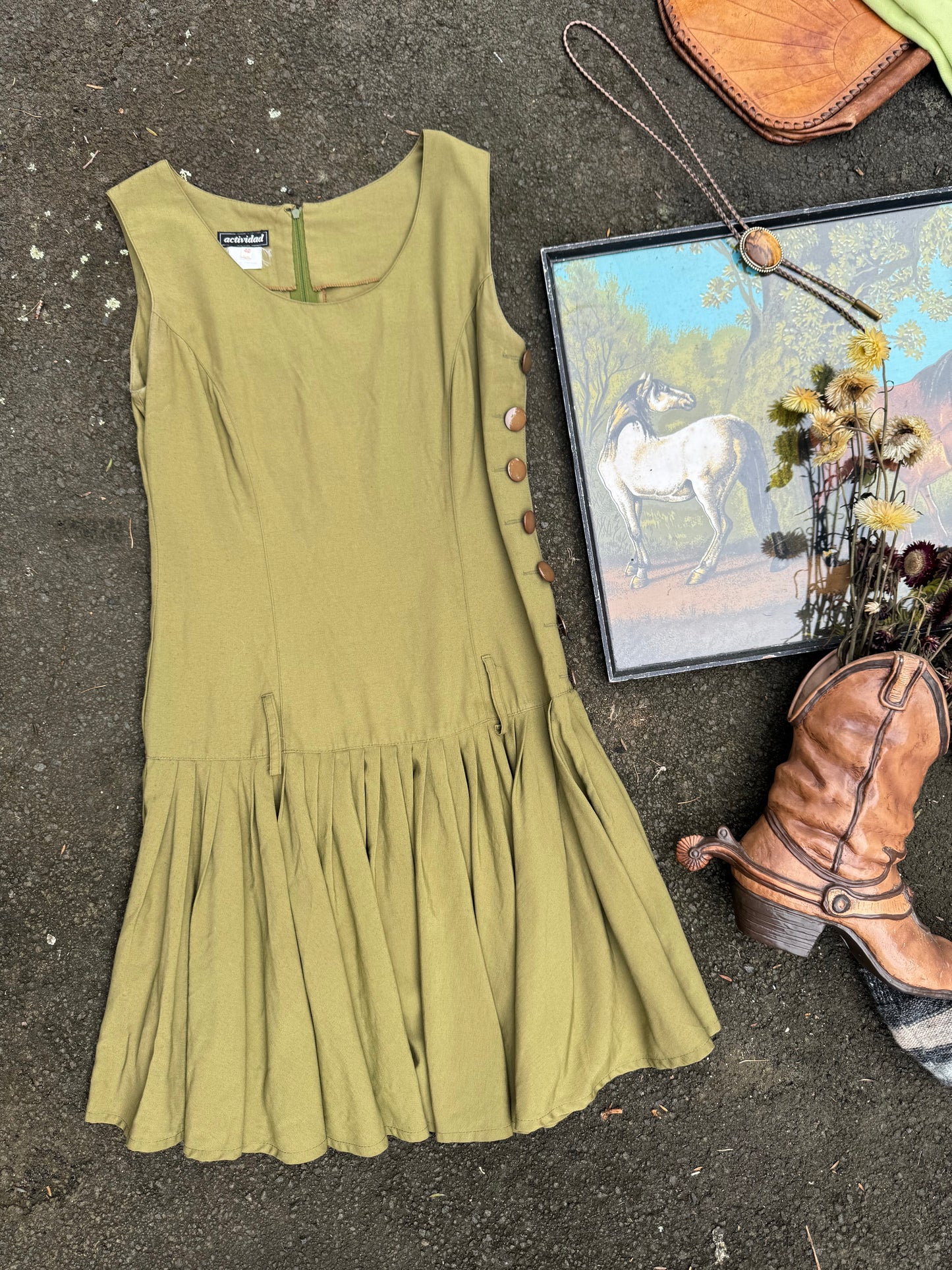 1980s Utility style dress with drop waist.