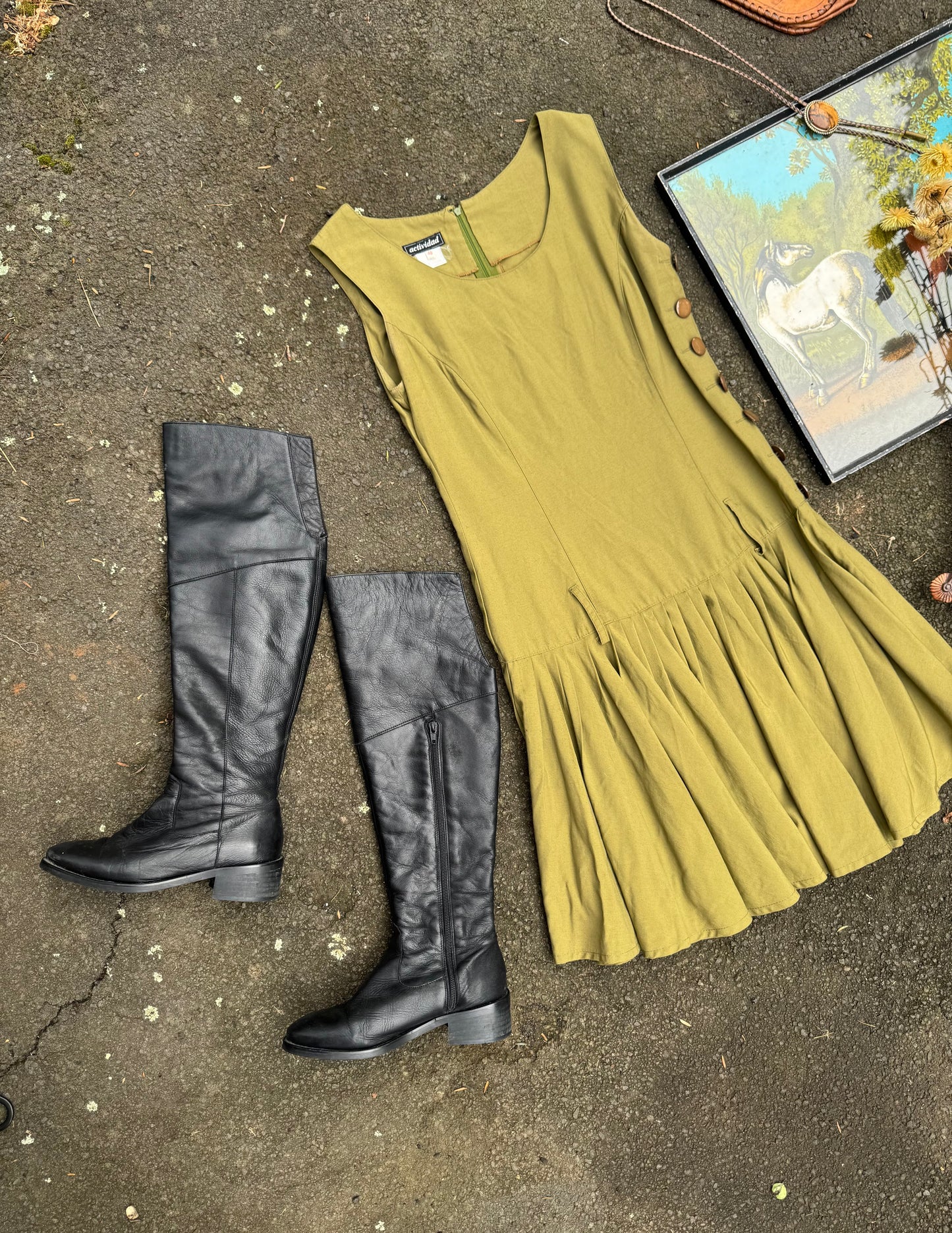 1980s Utility style dress with drop waist.