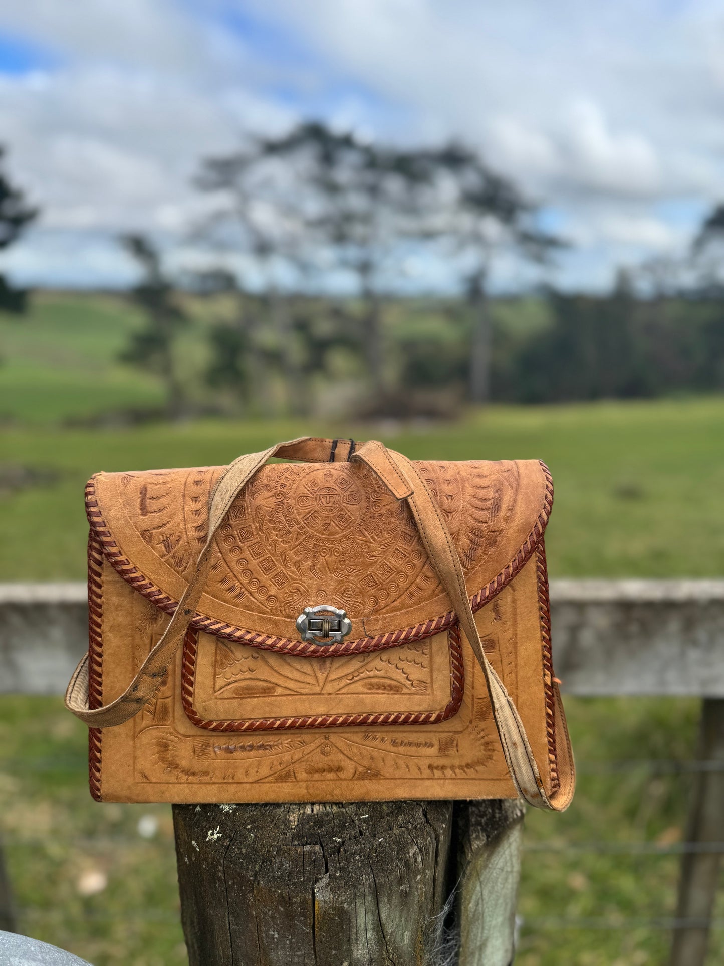 1970s tooled leather handbag