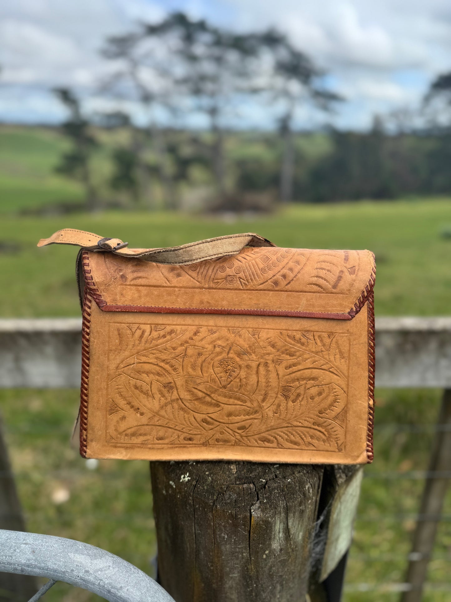 1970s tooled leather handbag