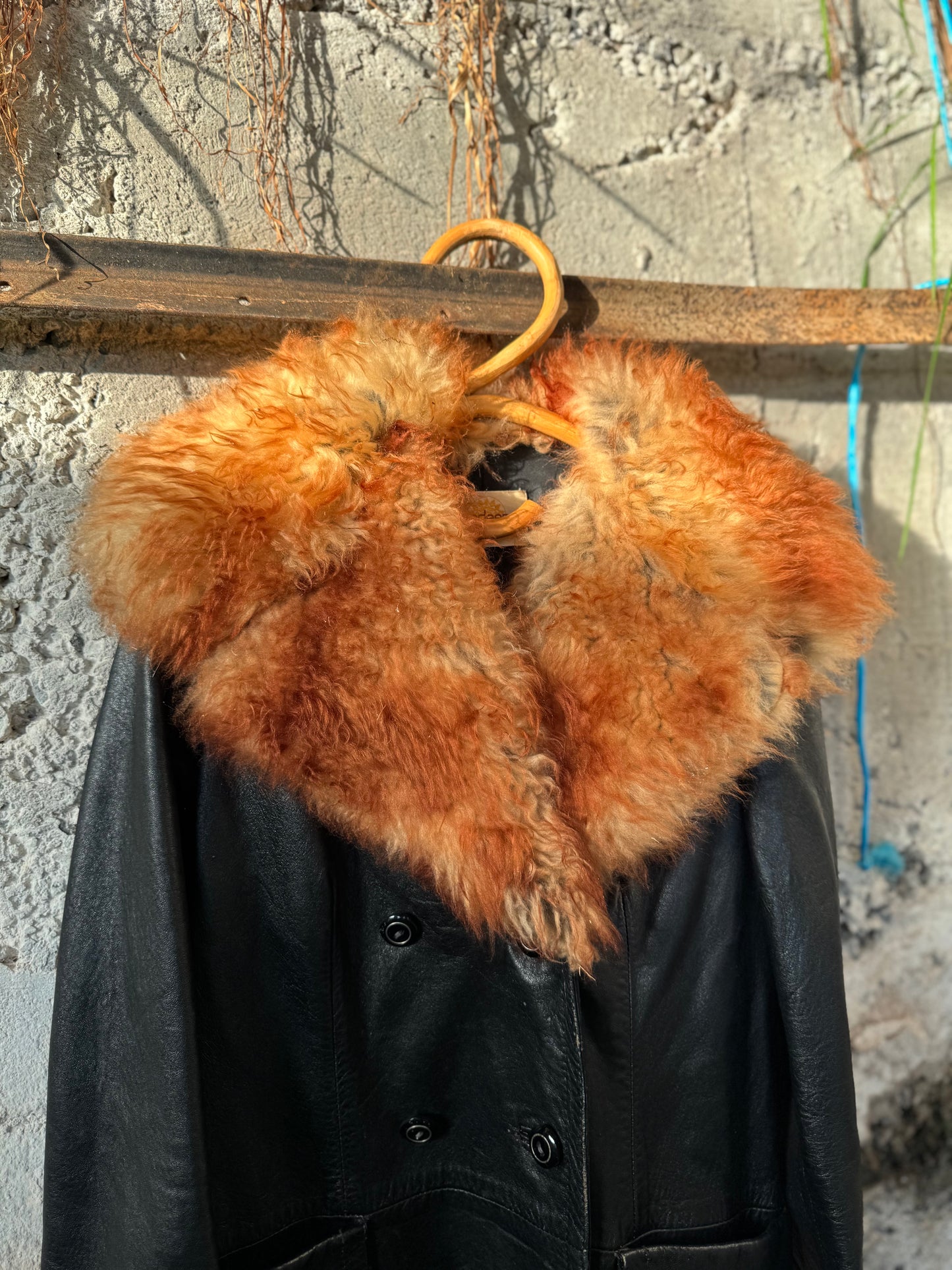 Leather Coat with dyed Lambs wool collar