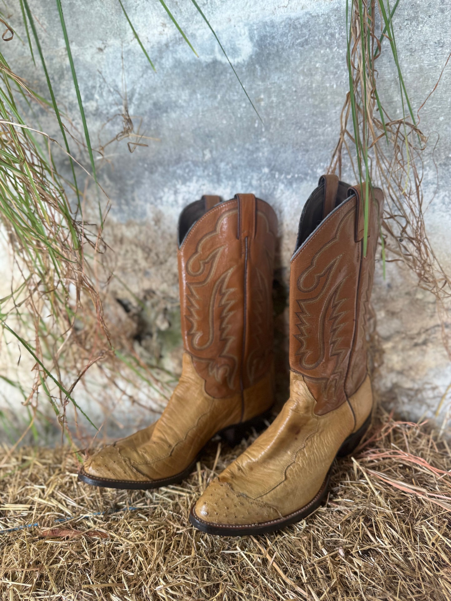 Vintage Justin leather cowboy boots (ostrich leather detail)