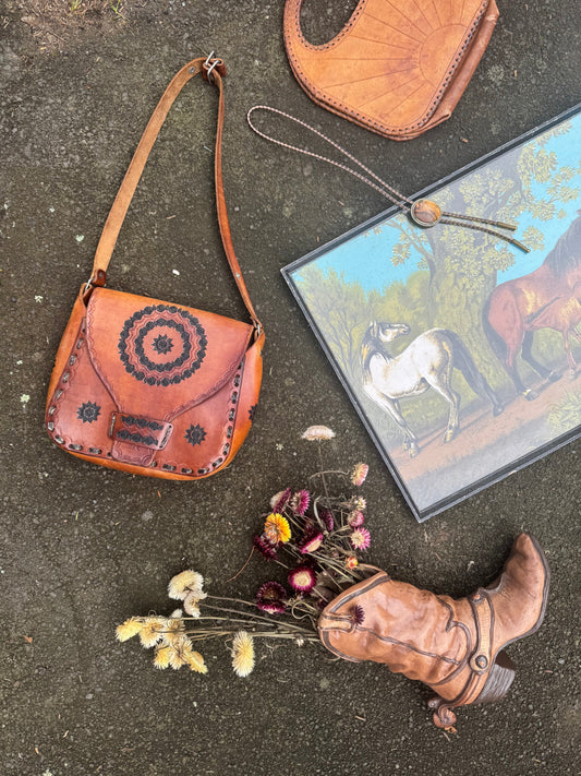 1970s tooled leather handbag