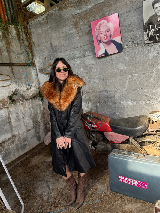 Leather Coat with dyed Lambs wool collar