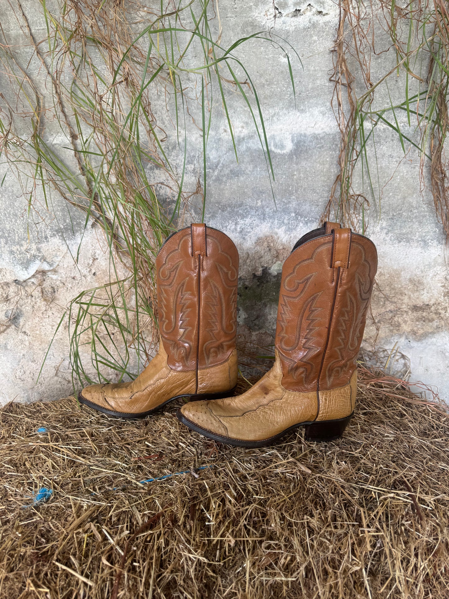 Vintage Justin leather cowboy boots (ostrich leather detail)