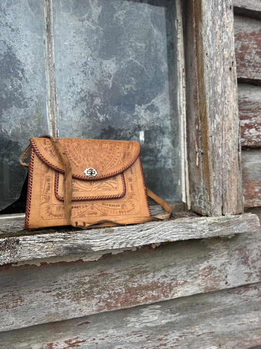 1970s tooled leather handbag